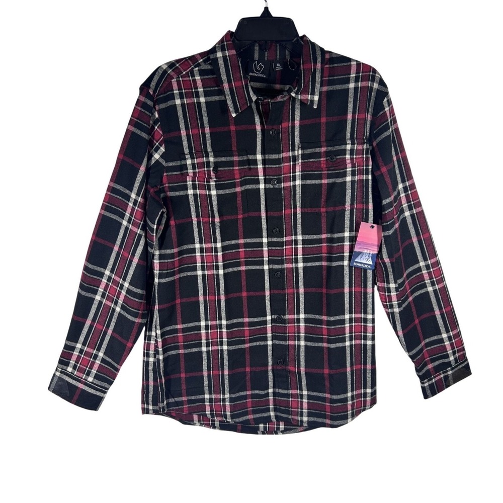 Burnside Flannel Shirt Burgundy Black Plaid Long Sleeve Button Up Men Medium NEW